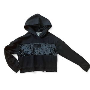 VICTORIA'S SECRET Women’s PINK CROPPED HOODIE VELVET LOGO LONG SLEEVE BLACK SZ S